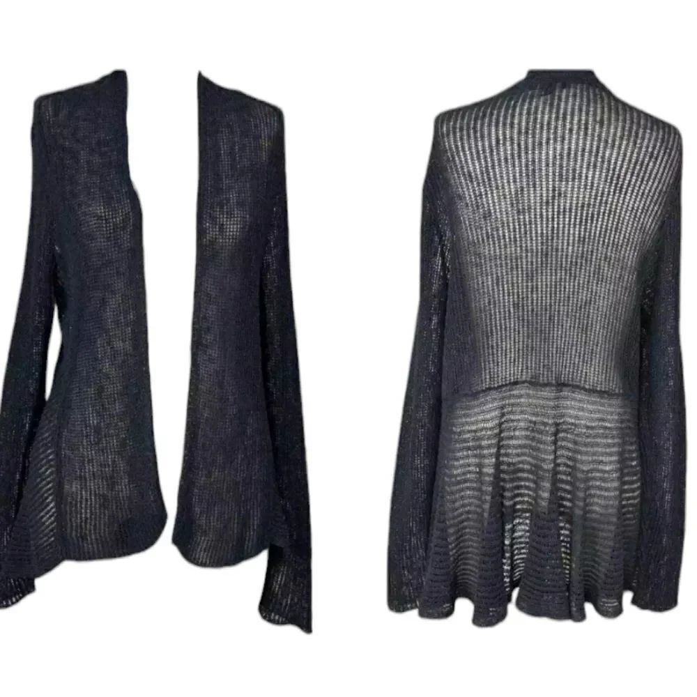 Eileen Fisher Cardigan Linen blend loose knit ruffle hem Dark Grey size PL